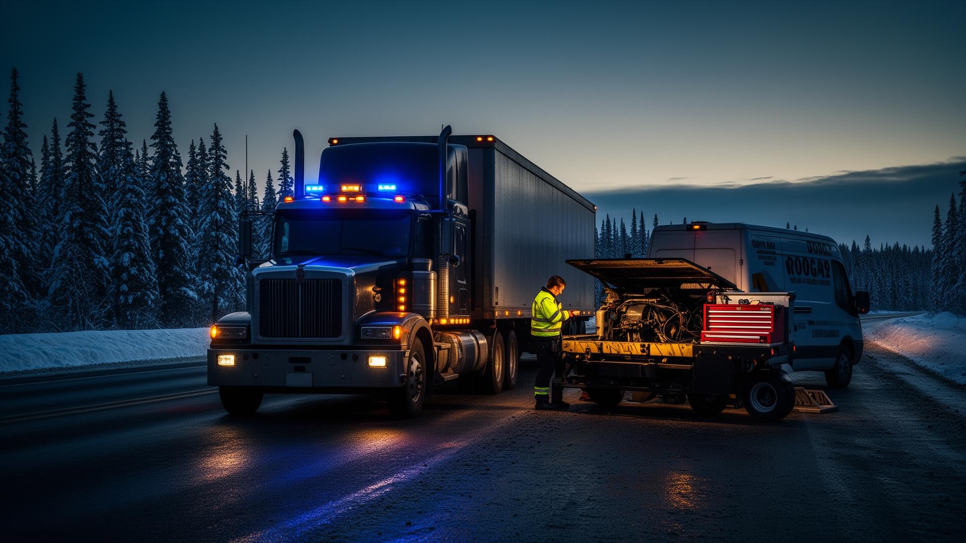 Mobile mechanic repairing a heavy truck on a snowy northern highway at dusk